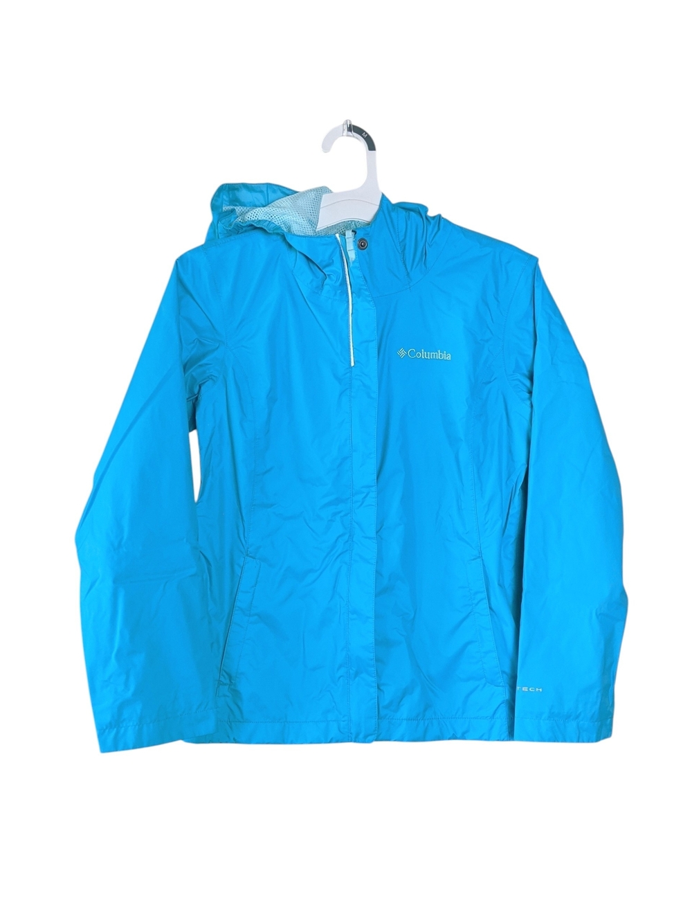 Columbia Girls Omni Tech Turquoise Hooded Rain Jacket Size M 10-12